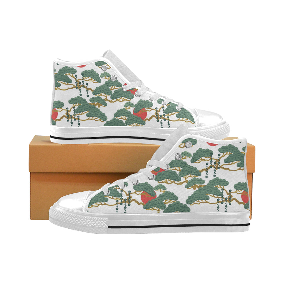 Bonsai red sun japanese pattern Men's High Top Canvas Shoes White