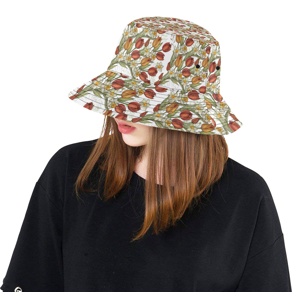 Red tulips and daffodils pattern Unisex Bucket Hat