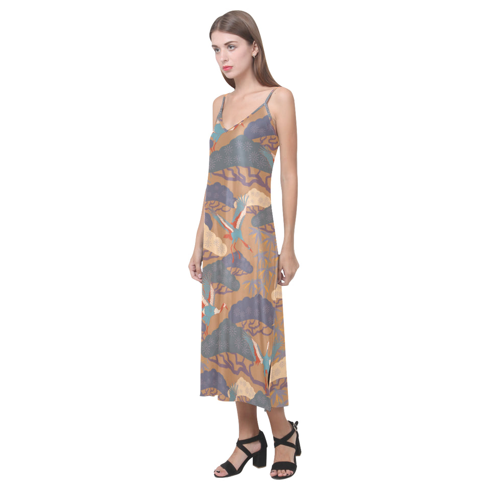 Bonsai bamboo stork japanese pattern brown theme V-Neck Open Fork Long Dress