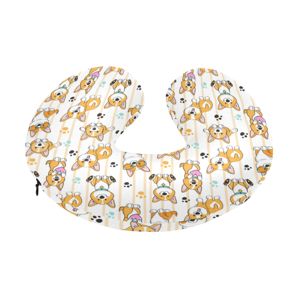 Cute dog corgi striped background pattern U-Shaped Travel Neck Pillow