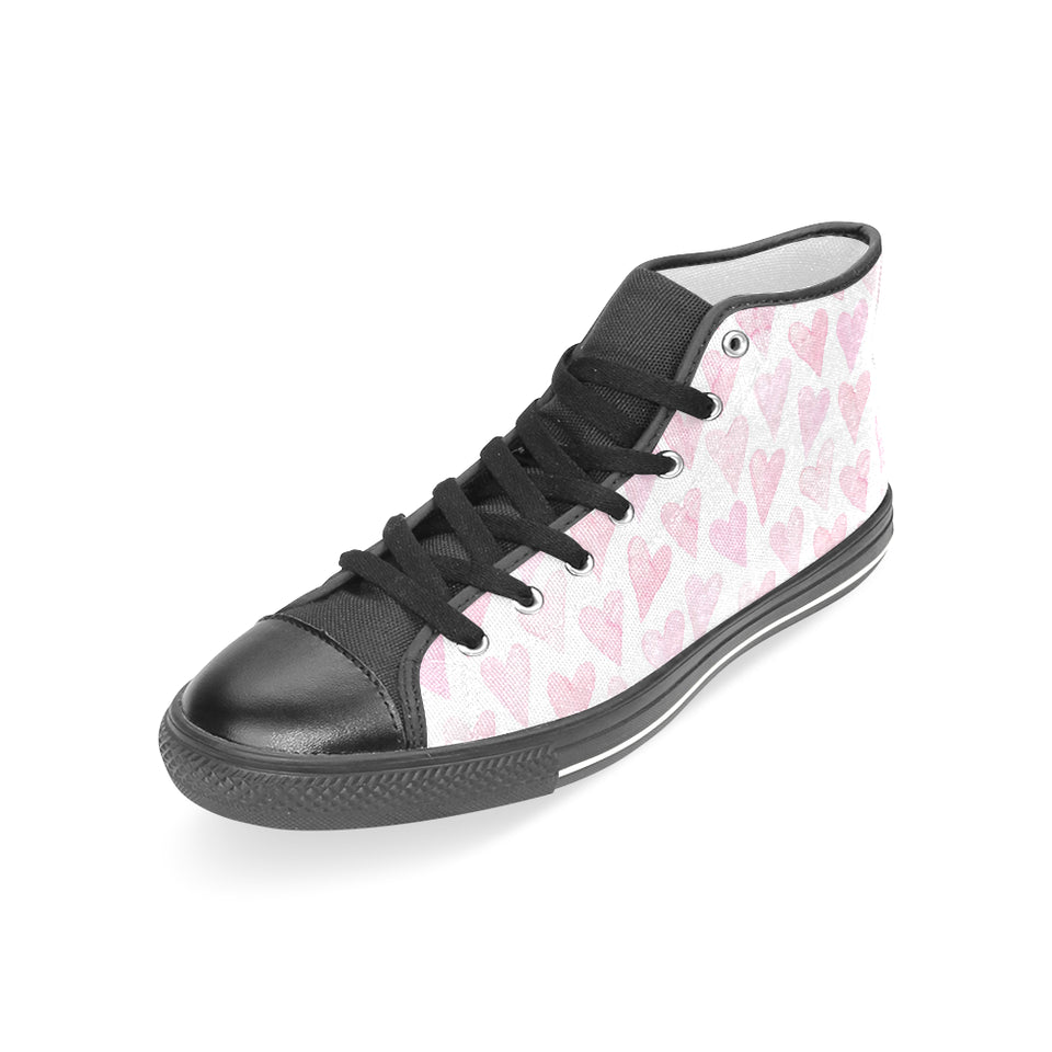 Watercolor pink heart pattern Women's High Top Canvas Shoes Black