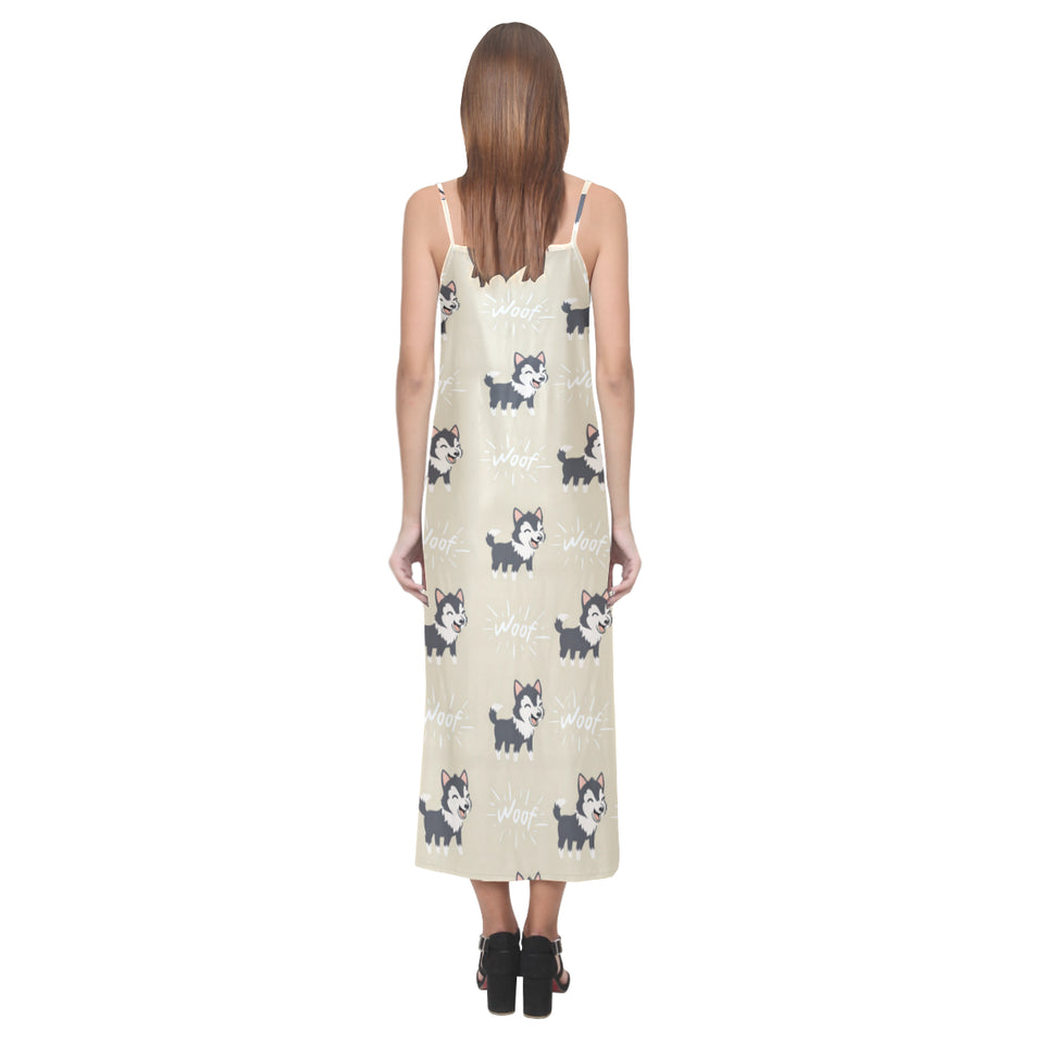 Cute Siberian Husky V-Neck Open Fork Long Dress