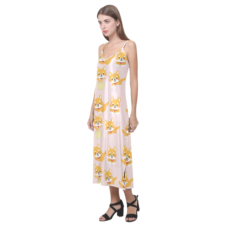 Cute shiba inu dog pattern V-Neck Open Fork Long Dress