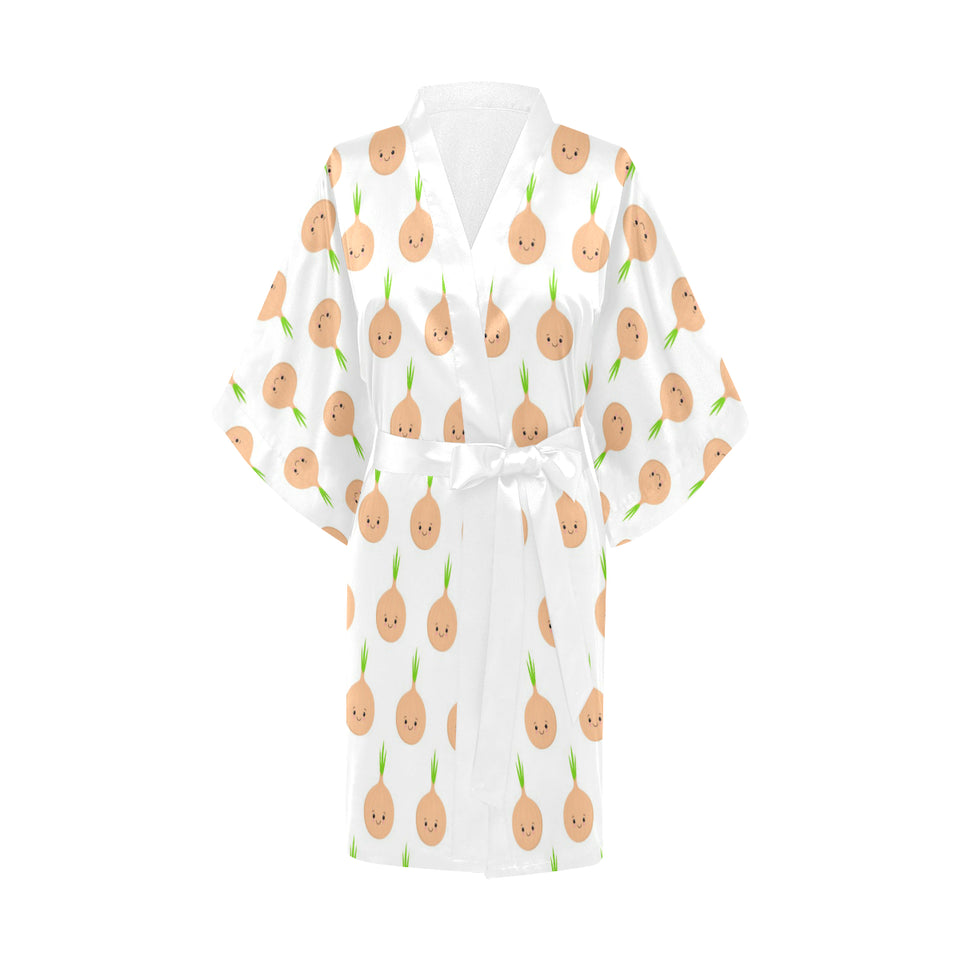 cute onions smiling faces Women's Short Kimono Robe