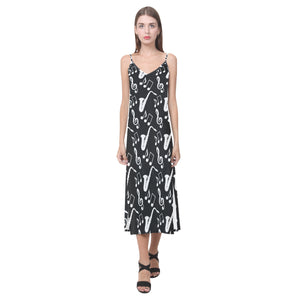 Saxophone music notes treble clef black white them V-Neck Open Fork Long Dress