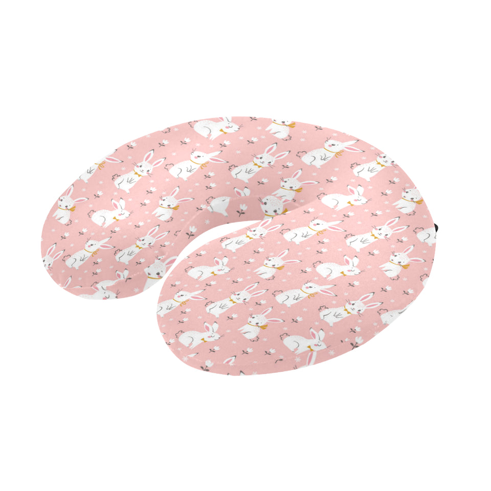 Cute white rabbit flower pink background U-Shaped Travel Neck Pillow