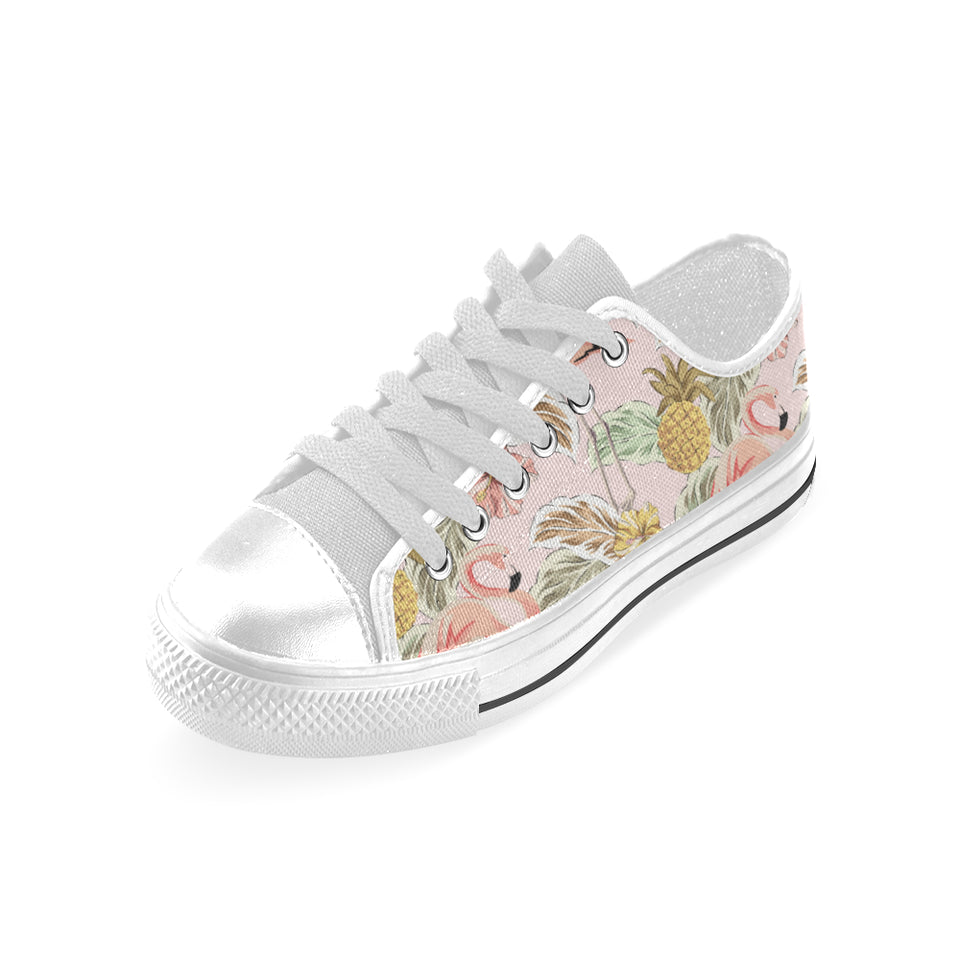 Pink flamingo birds pineapples hibiscus flower pat Men's Low Top Shoes White