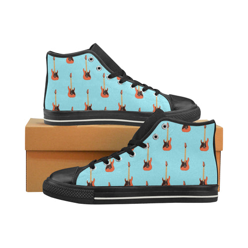 electric guitar pattern light blue background Women's High Top Canvas Shoes Black