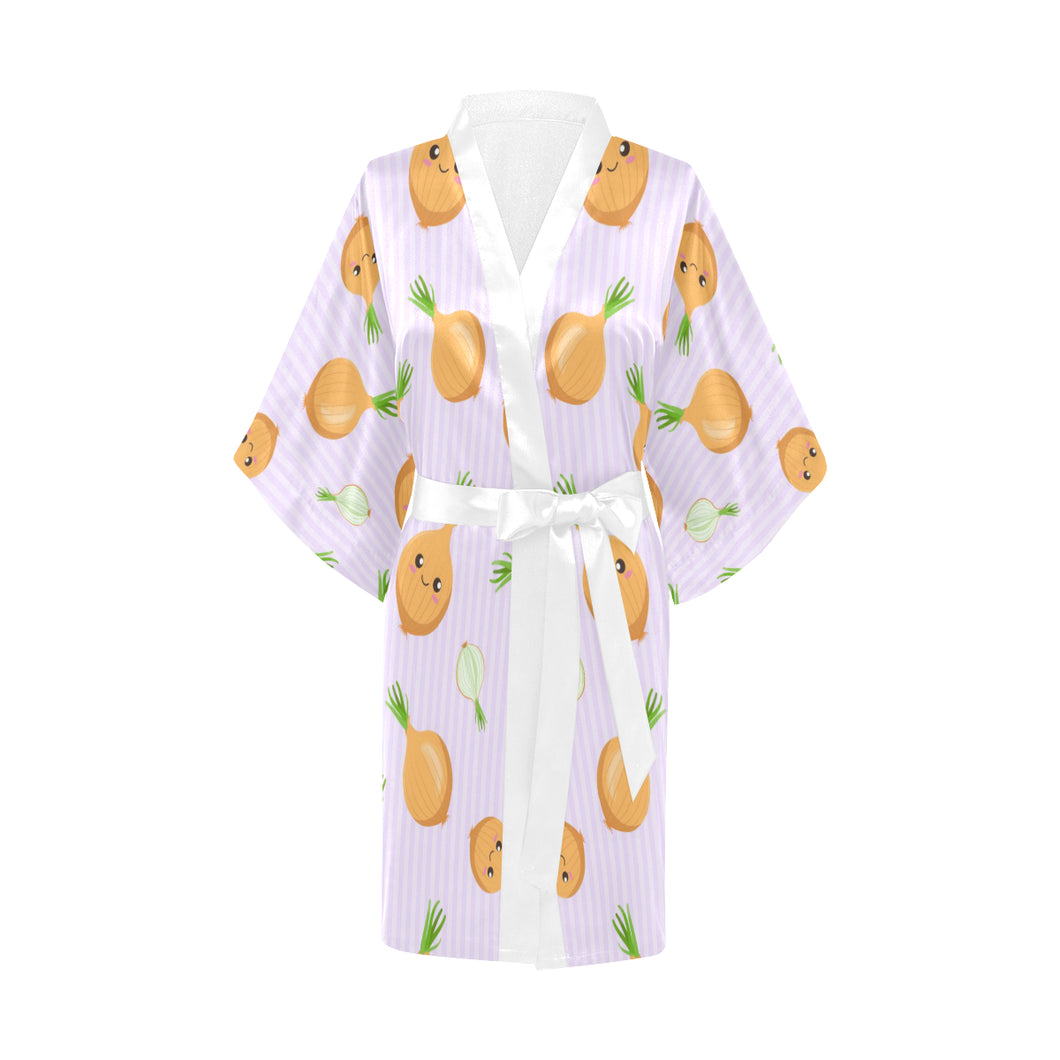 cute onions smiling faces purple background Women's Short Kimono Robe