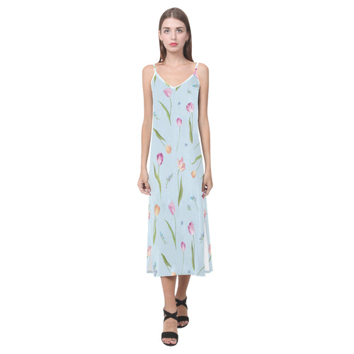 Watercolor Tulips pattern V-Neck Open Fork Long Dress