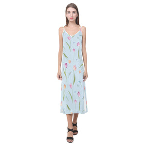 Watercolor Tulips pattern V-Neck Open Fork Long Dress