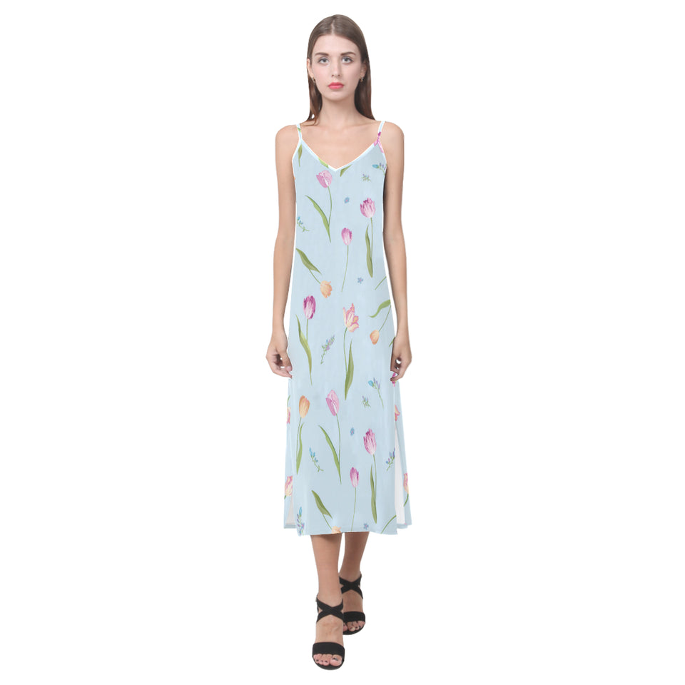 Watercolor Tulips pattern V-Neck Open Fork Long Dress