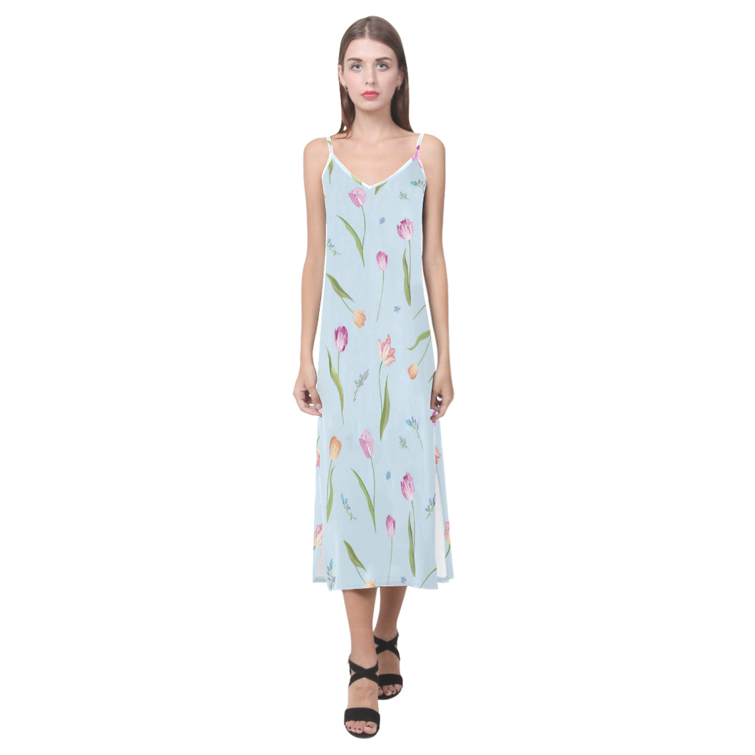 Watercolor Tulips pattern V-Neck Open Fork Long Dress