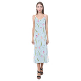 Watercolor Tulips pattern V-Neck Open Fork Long Dress