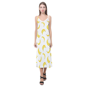 Banana pattern V-Neck Open Fork Long Dress