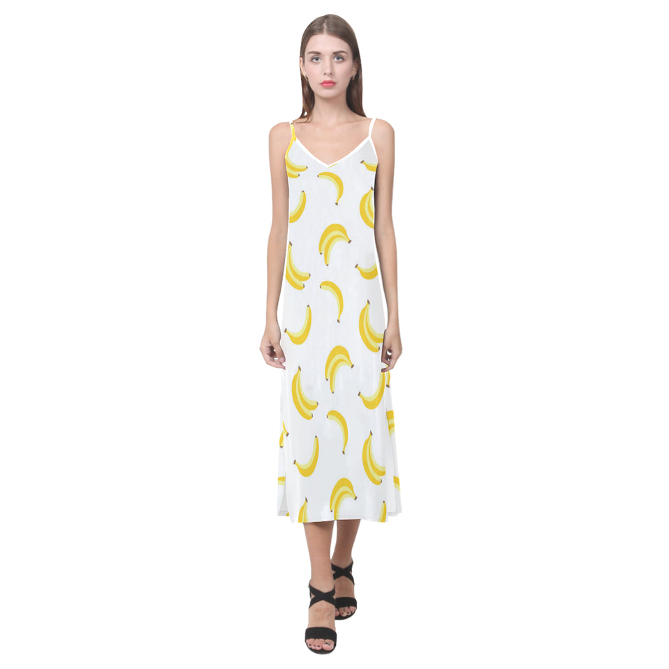 Banana pattern V-Neck Open Fork Long Dress