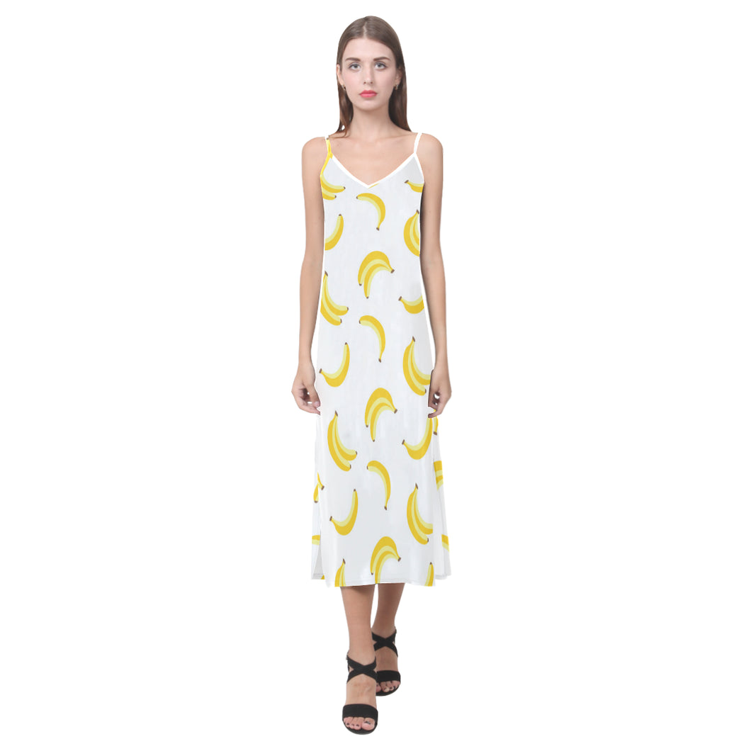 Banana pattern V-Neck Open Fork Long Dress