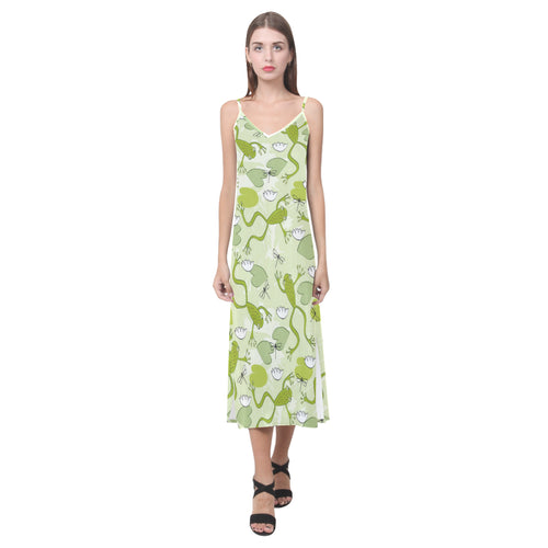 Cute frog dragonfly pattern V-Neck Open Fork Long Dress