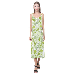 Cute frog dragonfly pattern V-Neck Open Fork Long Dress