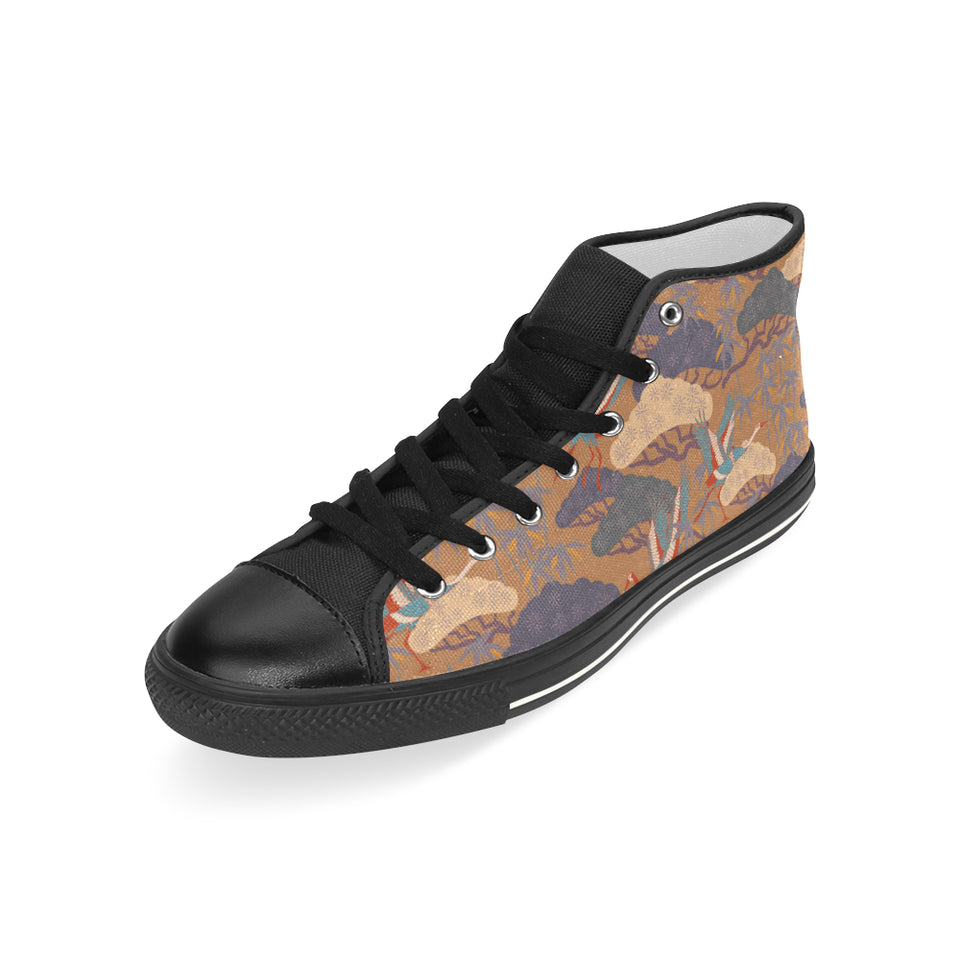 Bonsai bamboo stork japanese pattern brown theme Men's High Top Canvas Shoes Black