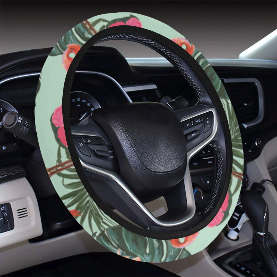 Beautiful flamingo tropical palm leaves hibiscus p Car Steering Wheel Cover