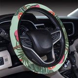 Beautiful flamingo tropical palm leaves hibiscus p Car Steering Wheel Cover