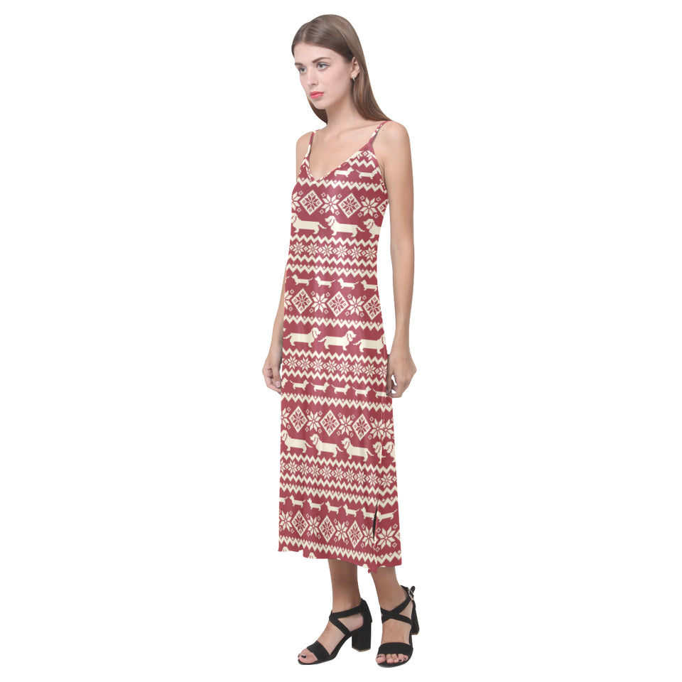 Dachshund Nordic pattern V-Neck Open Fork Long Dress