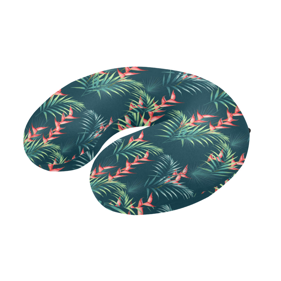 heliconia flowers, palm and monstera leaves on bla U-Shaped Travel Neck Pillow