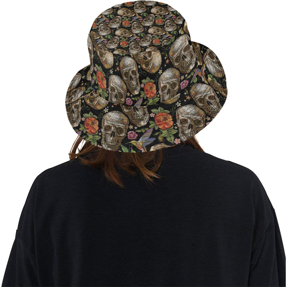 Skull rose humming bird flower pattern Unisex Bucket Hat
