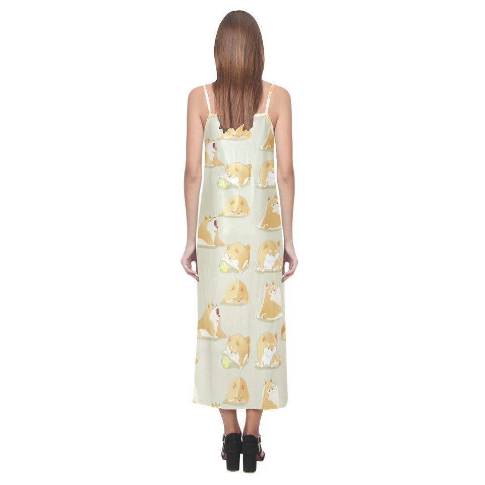 Cute fat shiba inu dog pattern V-Neck Open Fork Long Dress