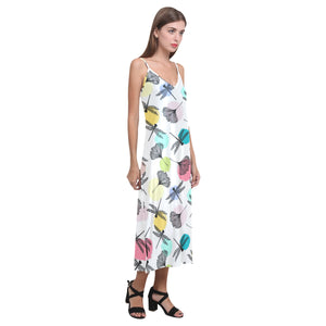 Dragonflies ginkgo leaves pattern V-Neck Open Fork Long Dress