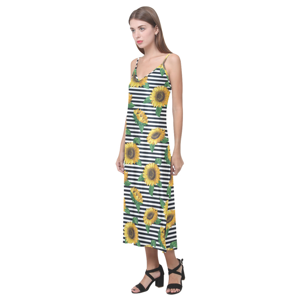 sunflowers ribbon background V-Neck Open Fork Long Dress