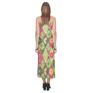 Cool Geometric lime pattern V-Neck Open Fork Long Dress