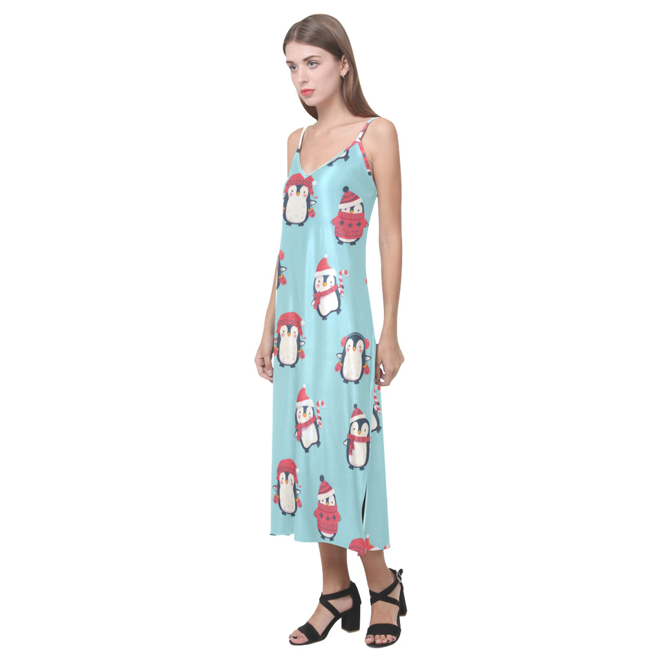 Cute penguin christmas  design pattern V-Neck Open Fork Long Dress