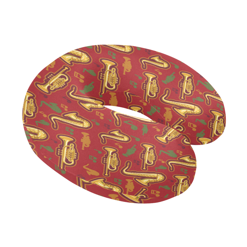 Saxophone cornet pattern red background U-Shaped Travel Neck Pillow
