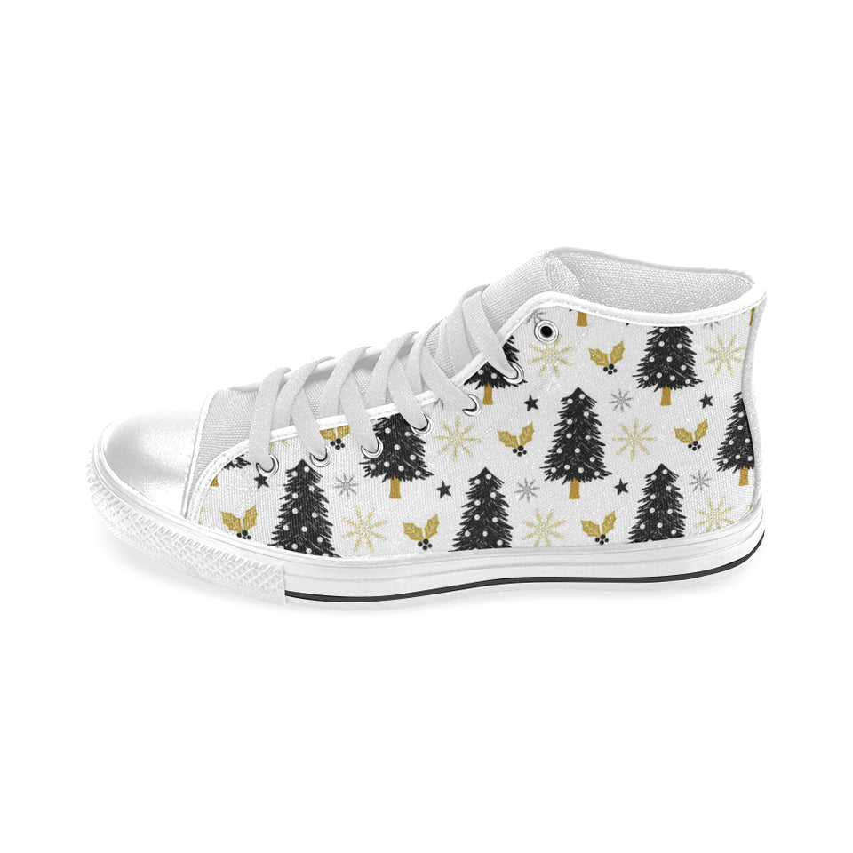 Christmas tree holly snow star pattern Men's High Top Canvas Shoes White