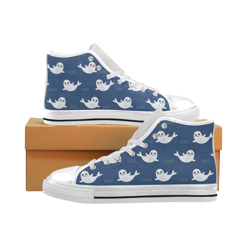 Cute white baby sea lion seal pattern Men's High Top Canvas Shoes White