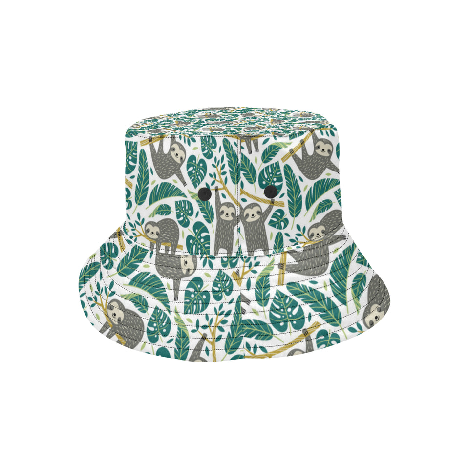 Cute sloths tropical palm leaves white background Unisex Bucket Hat