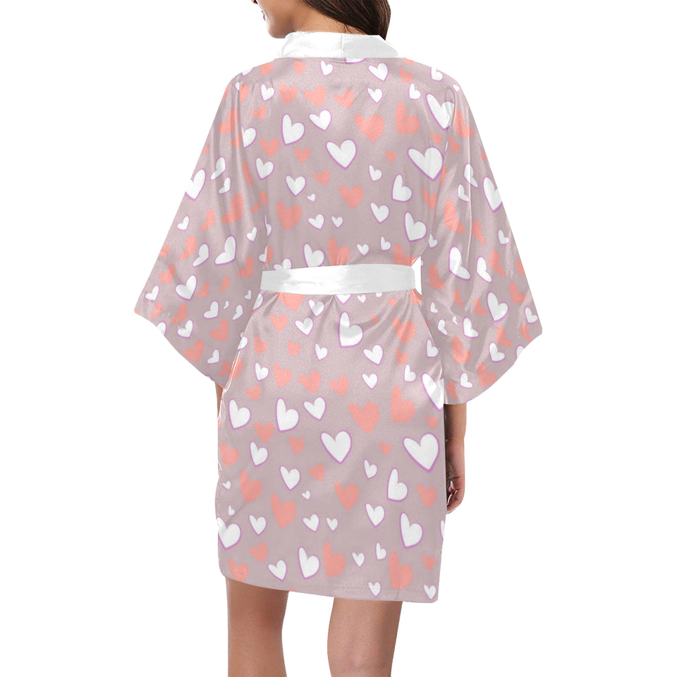 coral white heart pattern Women's Short Kimono Robe
