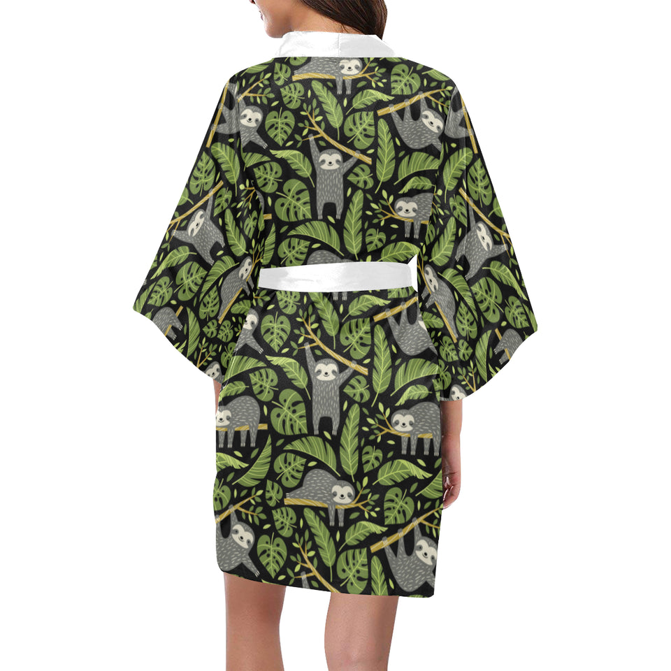 Cute sloths tropical palm leaves black background Women's Short Kimono Robe