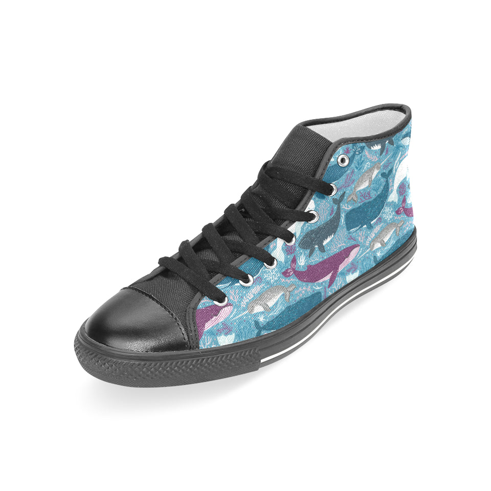Whale design pattern Women's High Top Canvas Shoes Black
