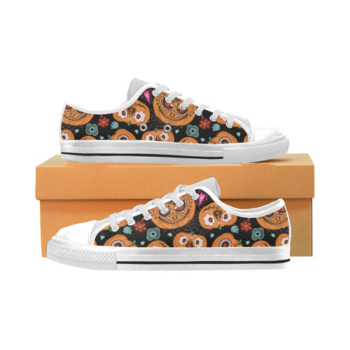 Pumpkin flowers spiderweb Halloween theme Men's Low Top Shoes White