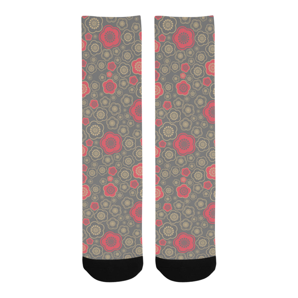 Red gold Sakura cherry blossom gray background Crew Socks