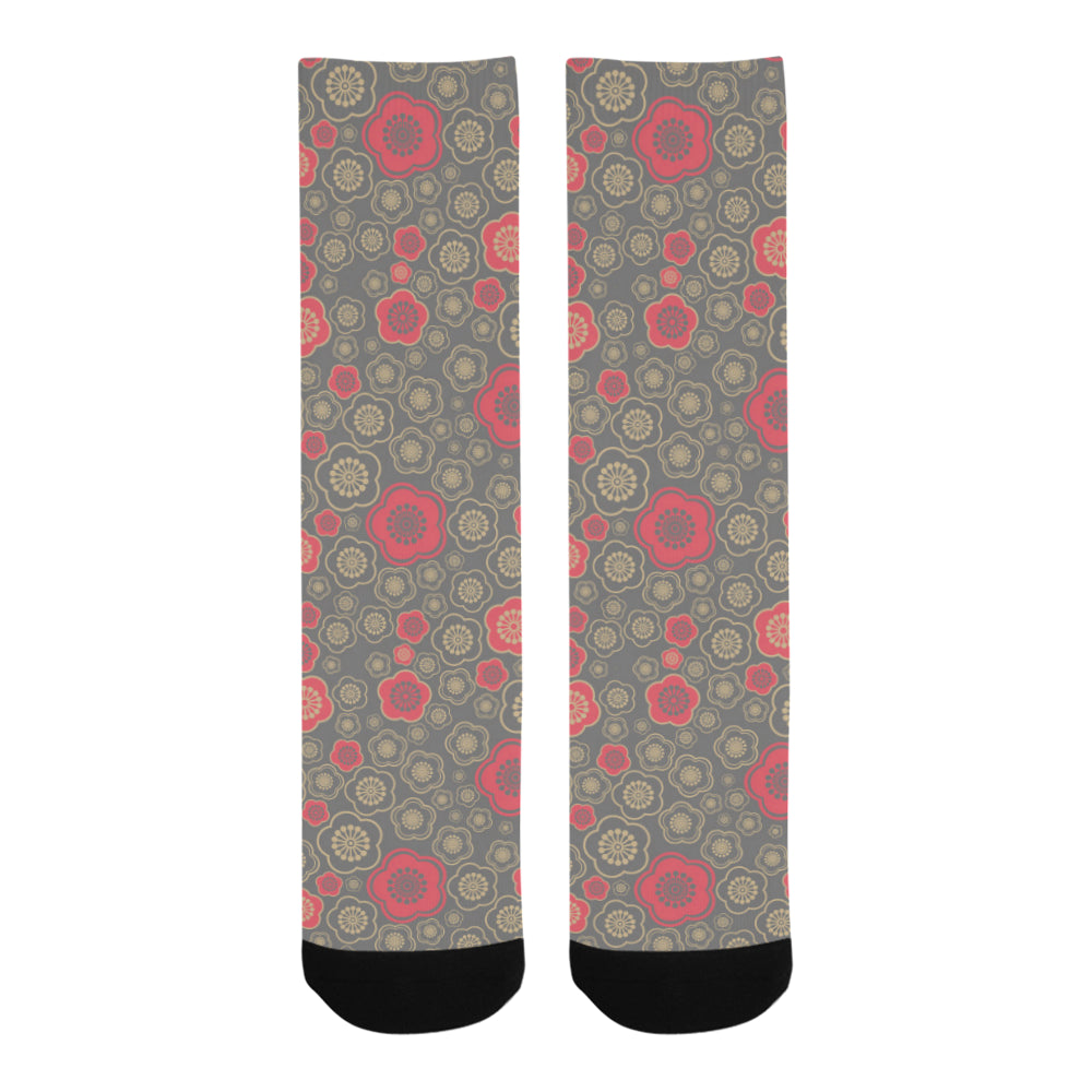Red gold Sakura cherry blossom gray background Crew Socks