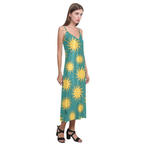 Sun green background V-Neck Open Fork Long Dress