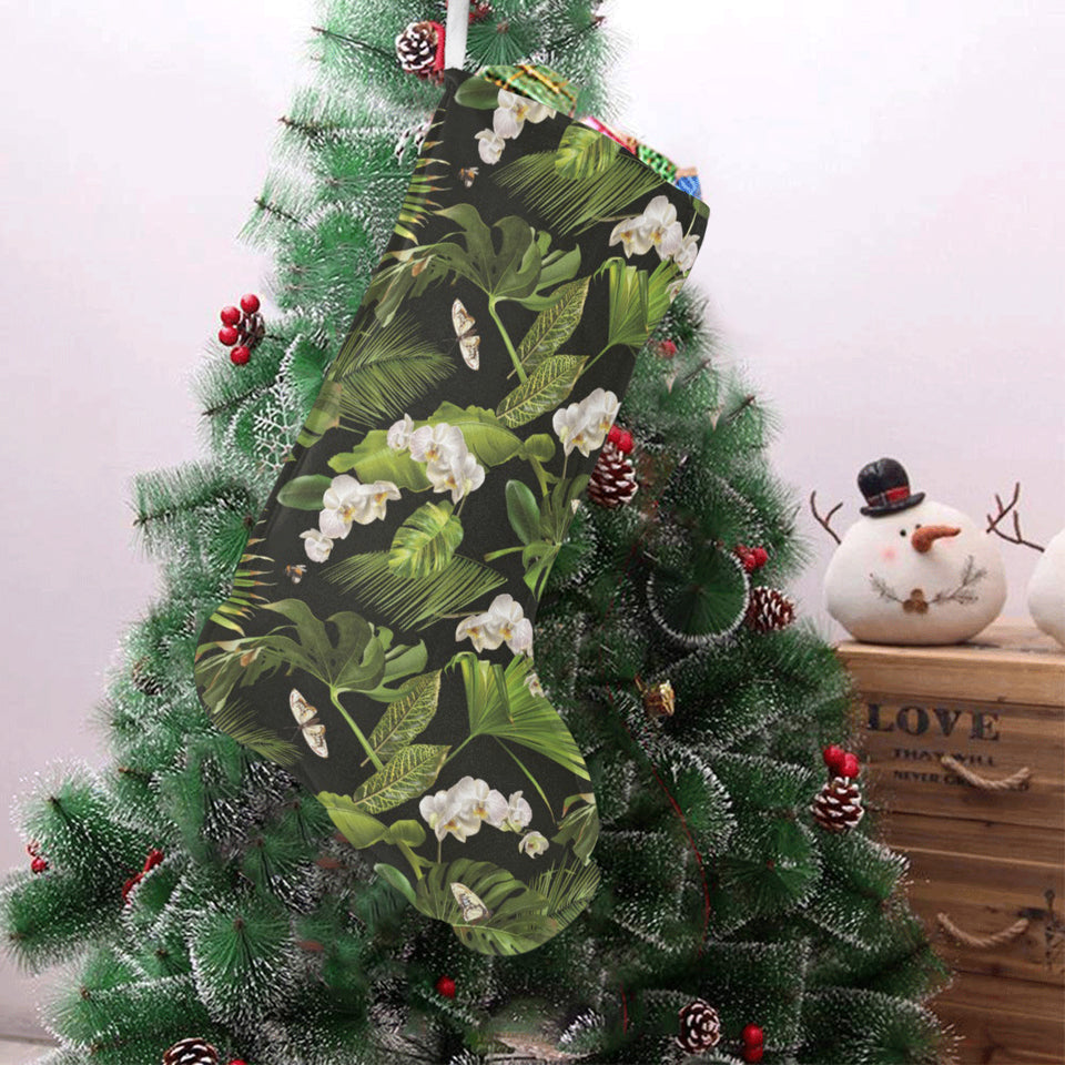 White orchid flower tropical leaves pattern blackg Christmas Stocking
