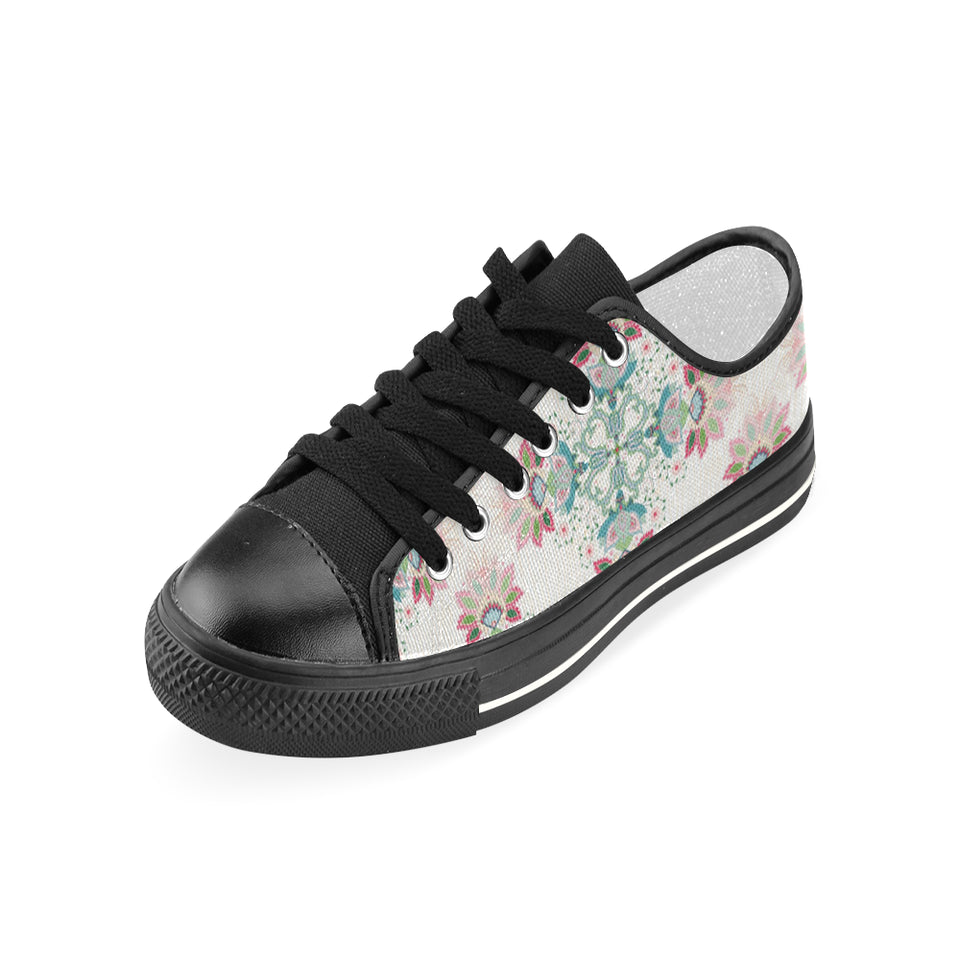 Square floral indian flower pattern Women's Low Top Canvas Shoes Black