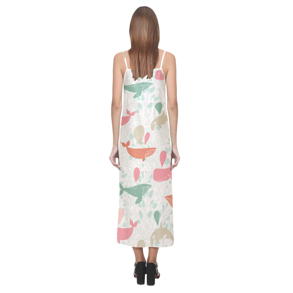 Cute whale pattern V-Neck Open Fork Long Dress