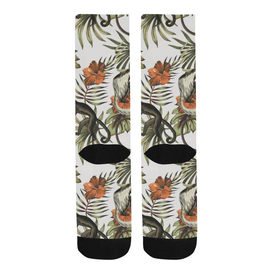 Monkey red hibiscus flower palm leaves floral patt Crew Socks