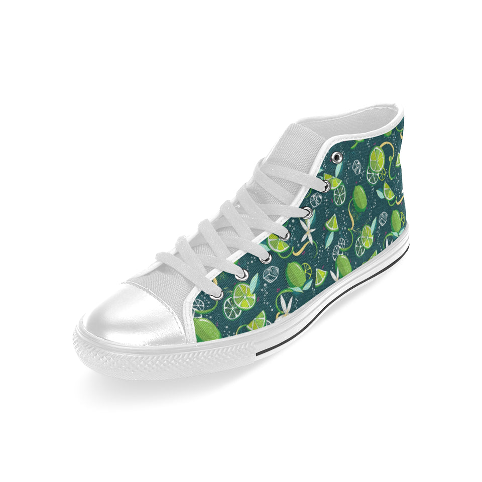 Lime ice flower pattern Men's High Top Canvas Shoes White